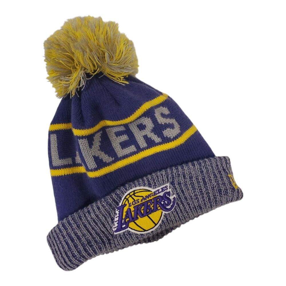 LOS ANGELES LAKERS Beanie Hat Cap Purple NEW ERA Pom Spell Out NBA Basketball